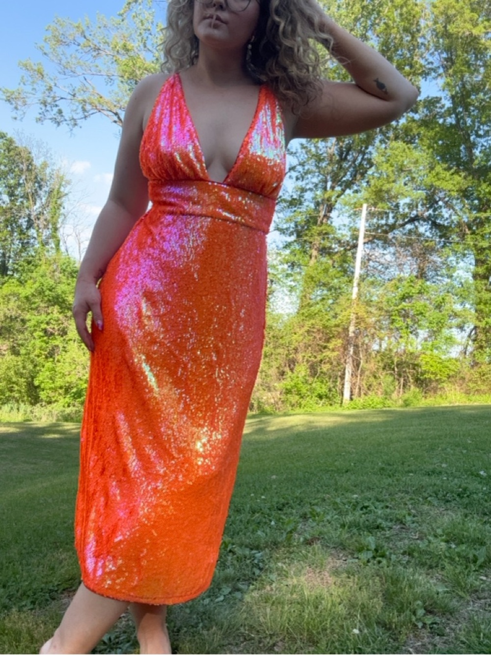 Song of Style Iridescent Orange Sequin Midi Dress
